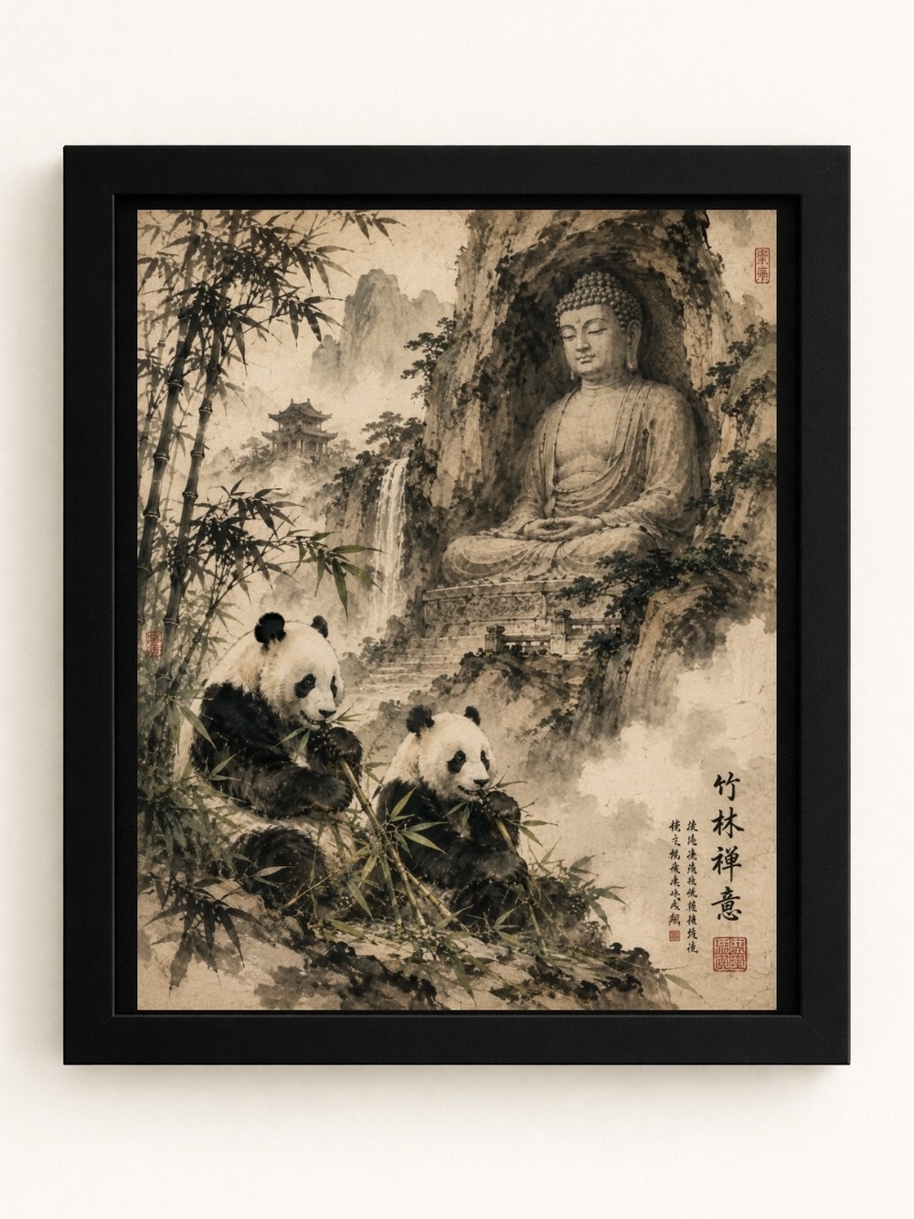 8x10 Framed Panda & Buddha A.I.Art Print